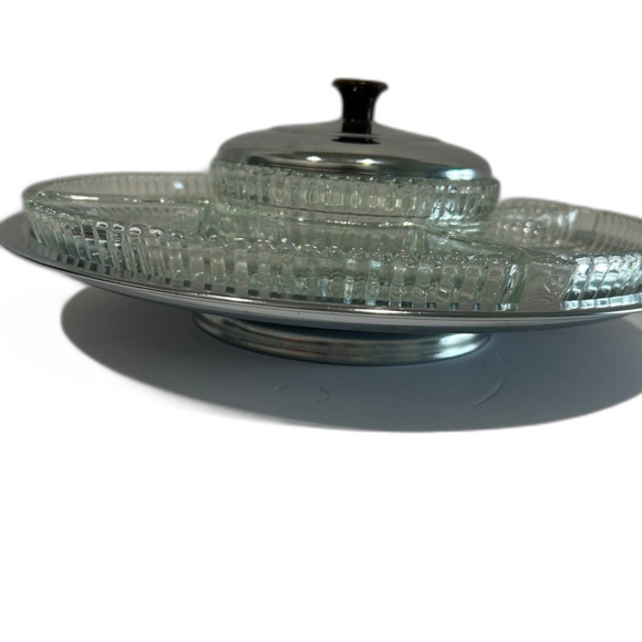 Vintage Kromex Lazy Susan Revolving Serving Platter Glass Inserts Chrome Base - Picture 10 of 12